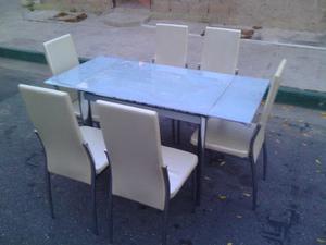 Mesa De Comedor De Vidrio Expansible Blanca Con 6 Puestos