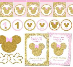 Kit Imprimible Minnie Dorado Rosa Primer Añito Candy Bar