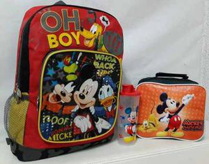 Bolso Escolar Combo Mickey Niño Morral Lonchera Termo