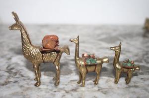 Familia Llamas Escultura Bronce Macizo Antiguo Coleccionable