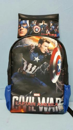 Bolso Escolar Capitán America + Cartuchera Semi Cuero