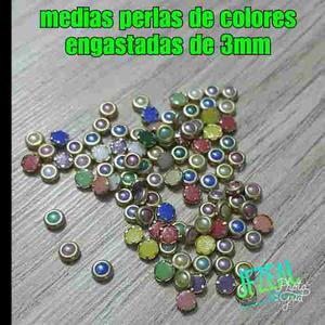 Medias Perlas De Colores Con Borde Metálico 3mm