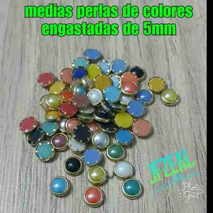 Medias Perlas De Colores Con Borde Metálico 5mm