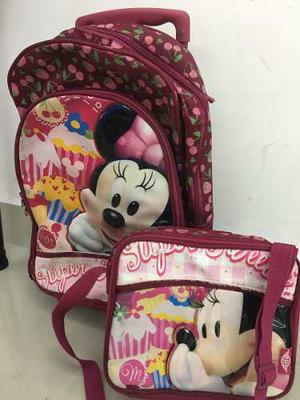 Combo Morral C/ruedas Y Lonchera Minnie