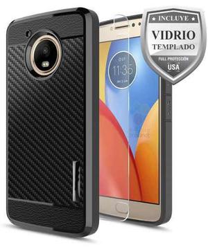 Forro + Vidrio Motorola Moto E4 Fibra De Carbono