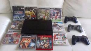 Ps3 Super Slim 250 Gb, 9 Juegos Originales + 3 Controles