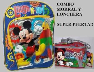 Combo Morral Bolso Escolar Mickey Mouse Disney Lonchera