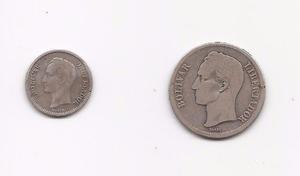 Moneda De 1 Bolivar Y 1 Mediecito De Plata.