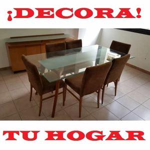 Comedor 6 Puestos Madera Tapizado Pana Vidrio 8 Mm Biselado