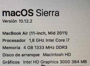 Macbook Air Mid2011 / 11pulgadas I7/1.8ghz /256 Gb Ssd