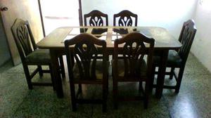 Juego De Comedor En Madera Con 6 Sillas Tapizadas Y Vidrios