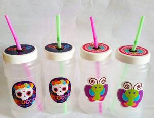 Jarras Mason Jar Plásticas Decoradas Tapa Y Pitillo Colores