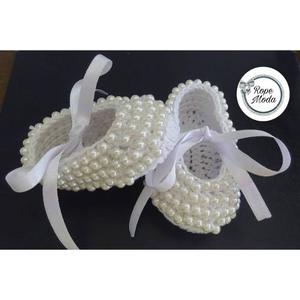 Zapatos Escarpines Con Perlas Para Bebes Tejidos Y Decorados