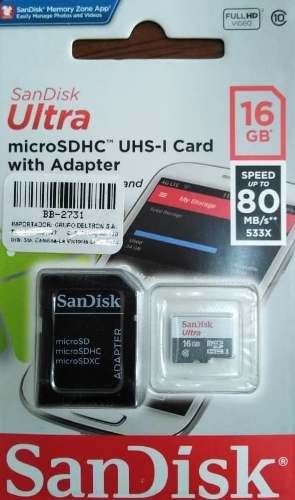 Tarjeta Memoria Micro Sd 16 Gb 80 Mb/s Sandisk - Clase 10