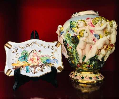 Ánfora Y Cenicero De Porcelana Italiana Capodimonte Sello