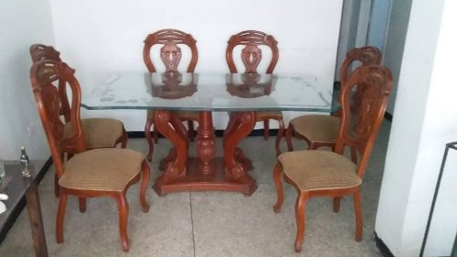 Comedor Mesa De Vidrio Base De Madera 6 Puesto 80 Cm De Alta