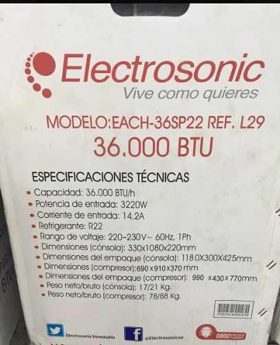 Aire Acondiciinado Split 36000 Btu 3 Ton Electrosonic