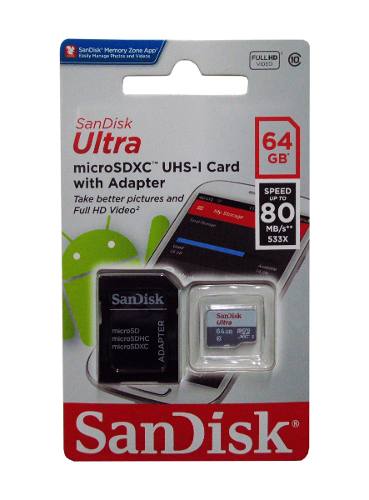 Memoria Micro Sdhc Sandisk 64gb Clase 10 Con Adaptador Nuevo