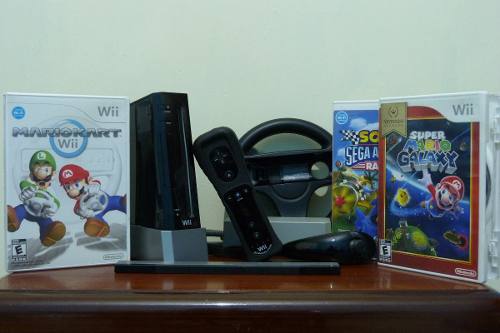 Nintendo Wii Negro Como Nuevo Con Volante Y Tres Juegos