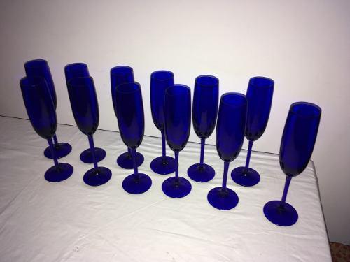 Juego 12 Copas Flautas De Vidrio Azul Cobalto Espumantes