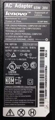 Cargador Adaptador Lapto Lenovo Thinkpad 20v 3.25a 65w