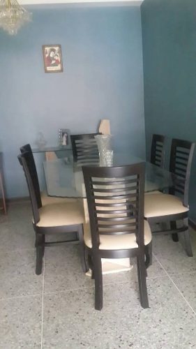 Juego De Comedor De Madera Cuero Y Vidrio Biselado