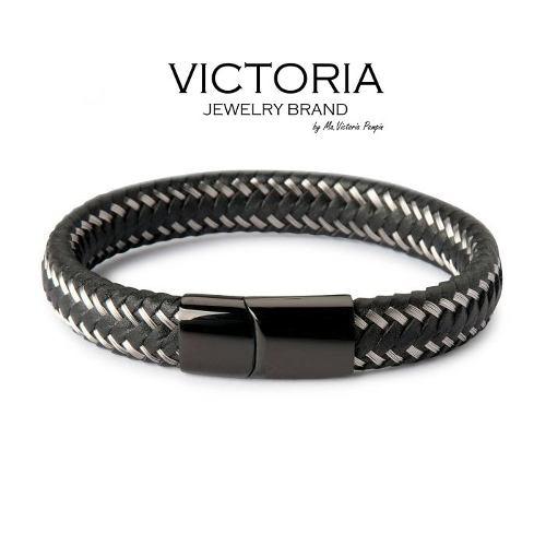 Pulsera En Cuero Trenzado Y Acero Negro. Caballero/hombre