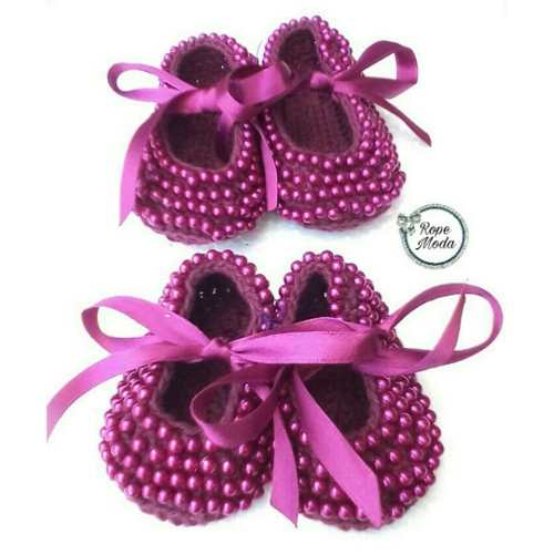 Zapatos Escarpines Con Perlas Para Bebes Tejidos Y Decorados