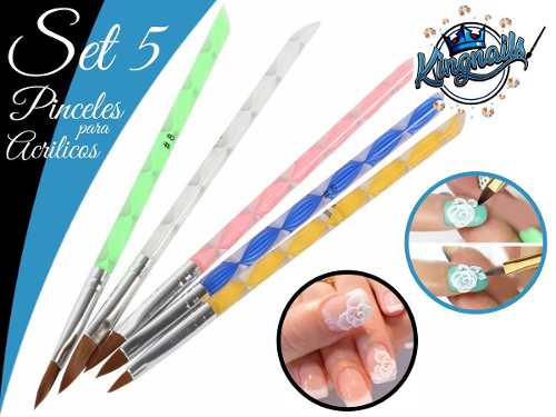 Set De 5 Pinceles Para Acrilicos # Kingnails