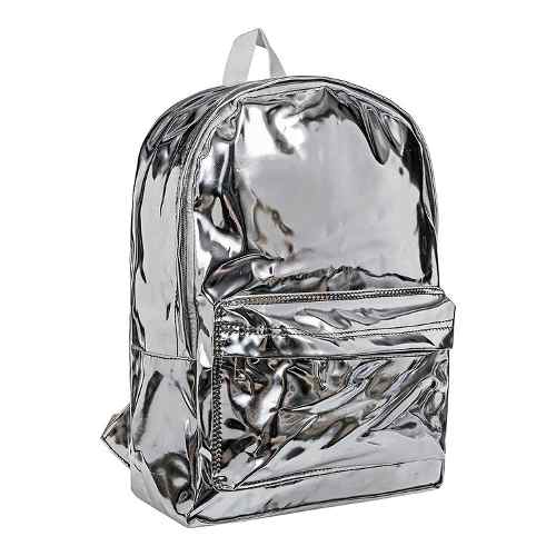 Bolso Morral Backpack Plateado Silver Metalizado Patente Top
