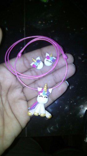 Juego Collares Con Zarcillos En Masa Flexible Unicornio Minn