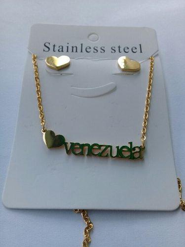 Cadena Con Dije Y Zarcillo De Venezuela Acero Inoxidable