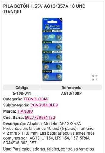 Pila Boton Bateria Reloj Aga 1.5v Calculadora Control