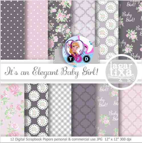 Kit Imprimible Shabby Chic Bebe Lila Rosas Gris Pack Fondos