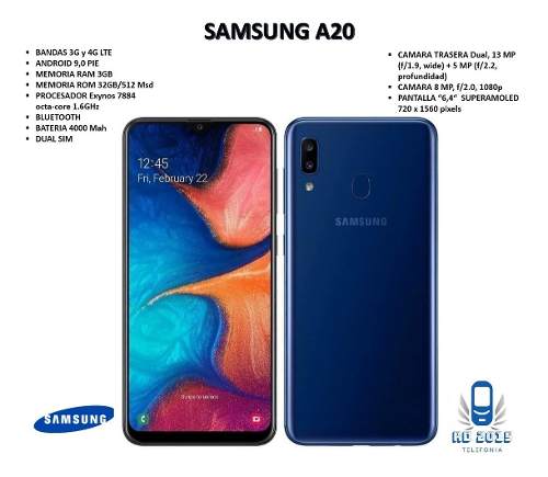 Telefono Celular Samsung A20 3gb/32gb (153dlr) Un Solo Sim