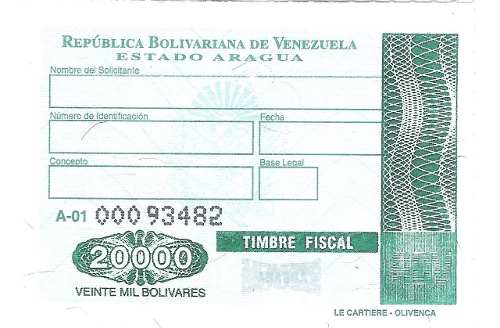 Timbres Fiscales De  Bolívares Del Edo. Aragua