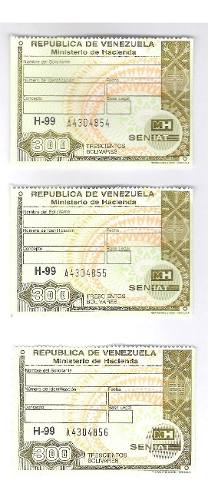 Timbres Fiscales De 300 Bolívares 3 Seriales Consecutivos