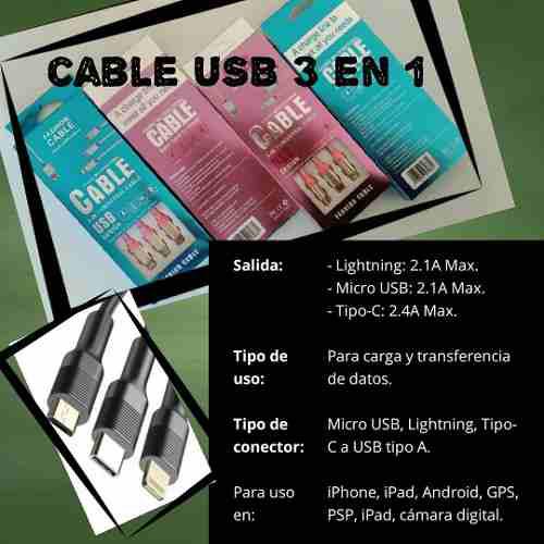 Cables Usb 3 En 1 Para Todo Tipo De Celulares