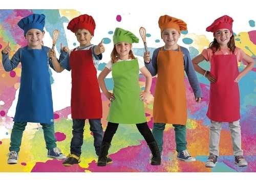 2x1 Combo Delantal + Gorro Para Niños Mini Chef. Colores