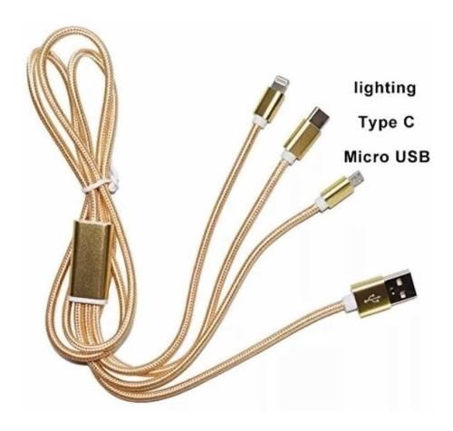 Cable 3 En 1 iPhone + Micro Usb + Tipo C De Nylon (2 Pack)
