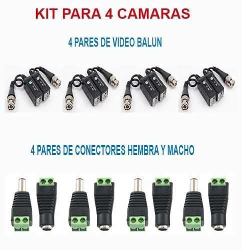 Kit De Video Balun Y Conector Dc Macho Y Hembra 4 Camaras