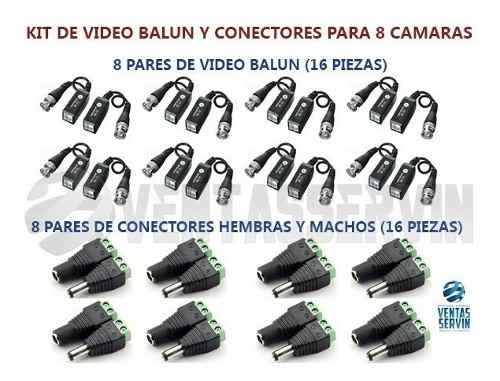 Kit De Video Balun Y Conectores Hembra Y Macho 8 Camaras
