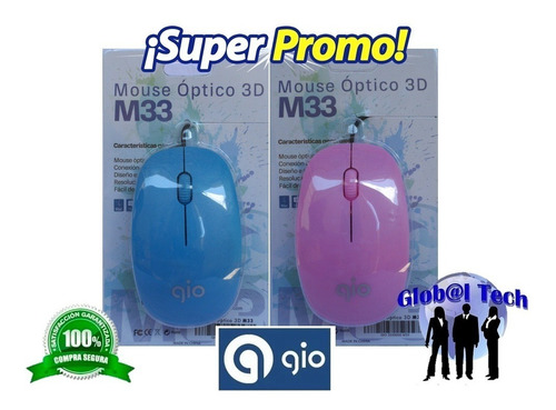 Pack 2 Mouse Óptico 3d Usb Gio Para Pc Y Laptop Azul Y Rosa