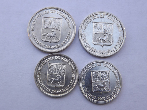 4 Monedas De Plata: 50 Y 25 Centimos De Bolívar.  Y