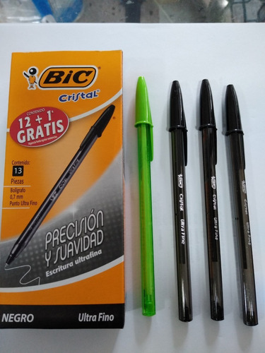 36 Boligrafos Bic Cristal Negro 12 Und +1 Verde