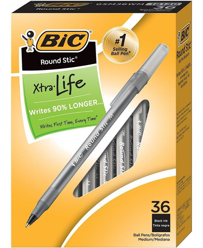 Bolígrafos Bic Round Stic Xtra Life De 1mm, Negro, 36 Und