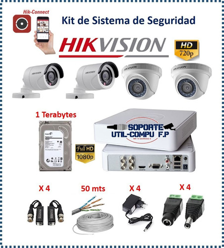 Kit Dvr Hikvision 4 Canales Dd 1tb 4 Camaras Y Accesorios