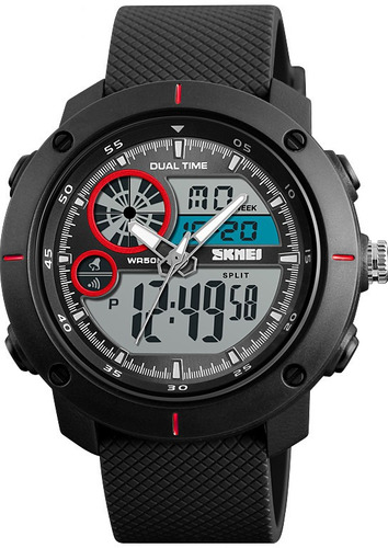 Reloj Analógico Digital Grande Skmei Negro Rojo Hora Doble