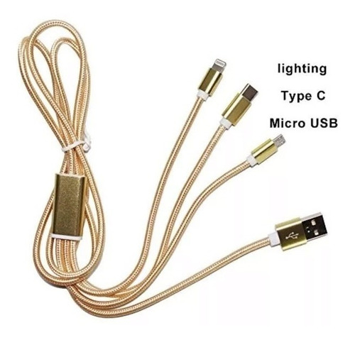 Cable 3 En 1 Nylon Micro Usb + iPhone + Tipo C Alta Calidad