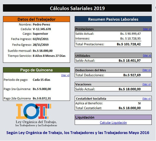 Calculos Salariales  Liquidaciones Lottt Plantilla Excel